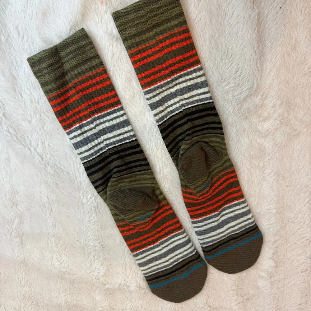 Stance Green Stripe Casual Mid Crew Socks White Orange Black L Large LRG